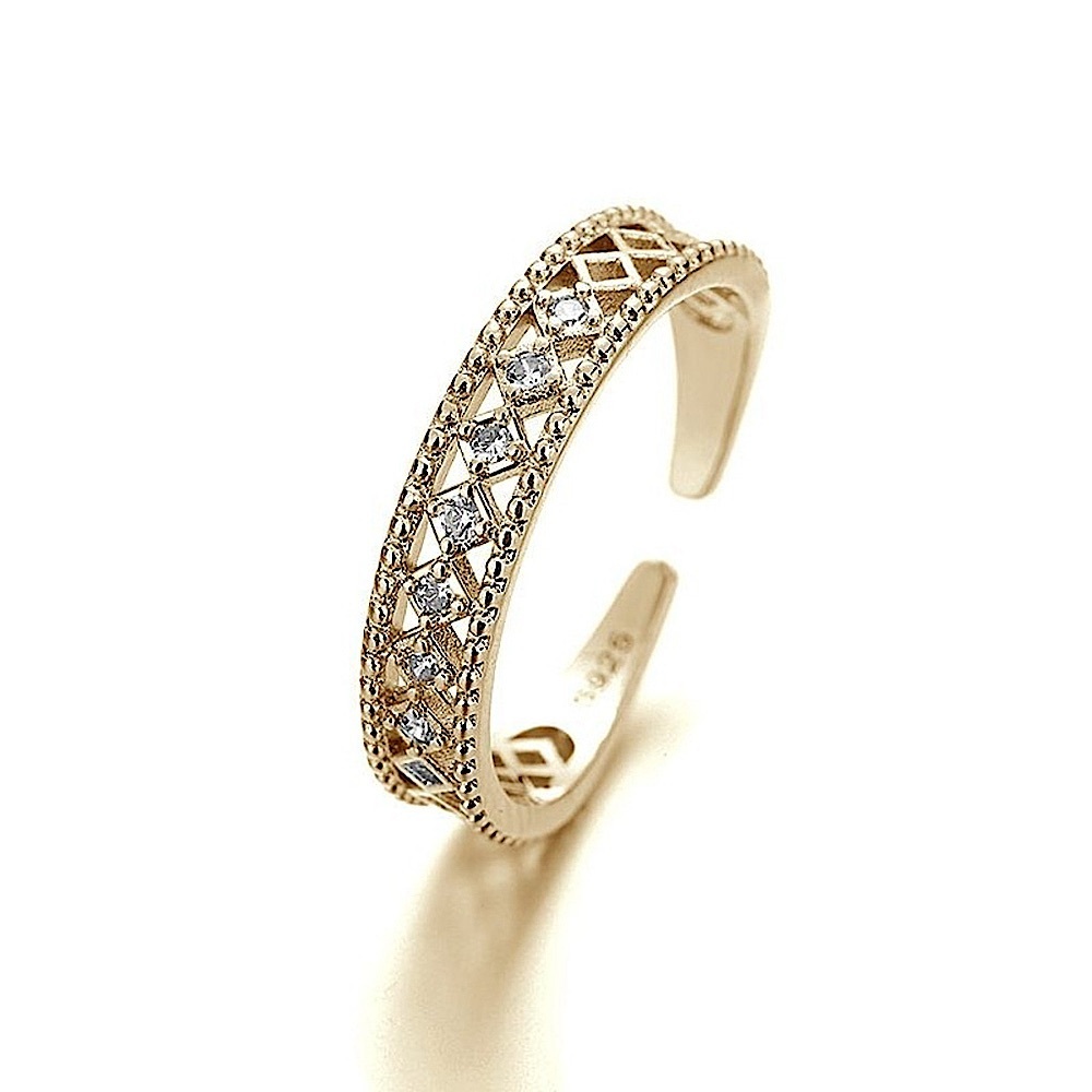 14k Gold Plated S925 Hollow Simulated Diamond Ring, Adjustable‎
